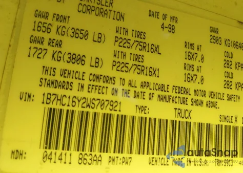 1998 Dodge Ram 1500 St z USA, uszkodzony, nr VIN 1B7HC16Y2WS707921